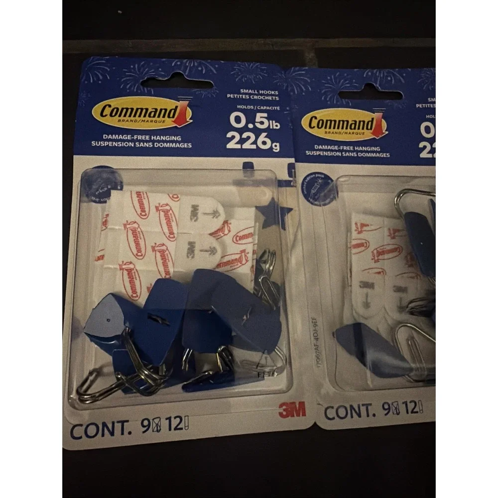 3M Command Blue Small Wire Hooks -9 Hooks, 12 Strips - holds .5lbs Lot of 3